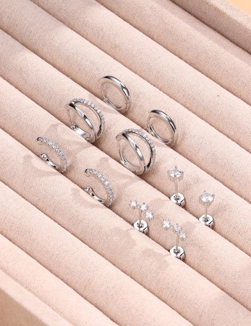 Florideco 925 Sterling Silver Earrings for Women Trendy Hypoallergenic Small Hoop Earrings Silver Stud Earring Sets for Multiple Piercing CZ Ear Cuff Cartilage Earring Stacks Style A - Image 3