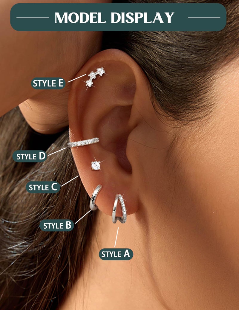 Florideco 925 Sterling Silver Earrings for Women Trendy Hypoallergenic Small Hoop Earrings Silver Stud Earring Sets for Multiple Piercing CZ Ear Cuff Cartilage Earring Stacks Style A - Image 4