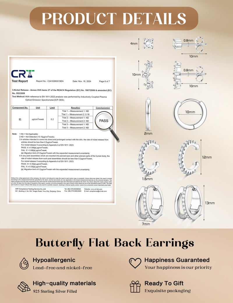 Florideco 925 Sterling Silver Earrings for Women Trendy Hypoallergenic Small Hoop Earrings Silver Stud Earring Sets for Multiple Piercing CZ Ear Cuff Cartilage Earring Stacks Style A - Image 2