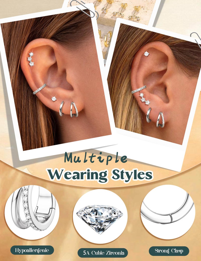Florideco 925 Sterling Silver Earrings for Women Trendy Hypoallergenic Small Hoop Earrings Silver Stud Earring Sets for Multiple Piercing CZ Ear Cuff Cartilage Earring Stacks Style A - Image 5