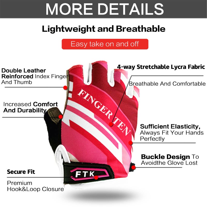 FINGER TEN Kids Junior Cycling Gloves Outdoor Sport Road Mountain Bike 1 Pair, Fit Boy Girl Youth Age 2-10, Gel Padding Bicycle Half Finger Pair (Pink, Small) - Image 3