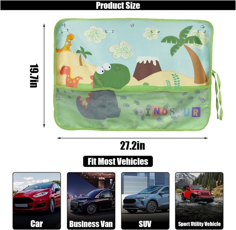 SWIUKPHE Car Window Shade for Baby, Blackout Car Window Curtain with Storage Pockets and 7 Suction Cups, Cartoon Pattern Cars Side Window Sun Shade Cover for Sun/Heat/UV Rays Protection, Green Dinosaurs - Image 2