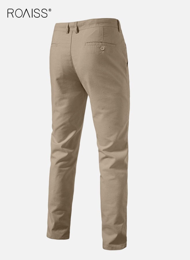 roaiss Men's Straight Leg Trousers Casual Cotton Linen Blend Pants for Men with Breathable Comfort Fit Versatile Solid Color Design for Youth Mature Wear - Image 3