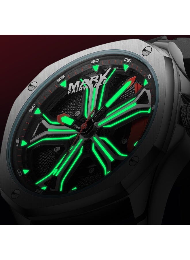 Mark Fairwhale Water-Resistant Luminous Quartz Men's Watch - Black Silicone Strap, Silver Stainless Steel Case, Red Hands - Image 3