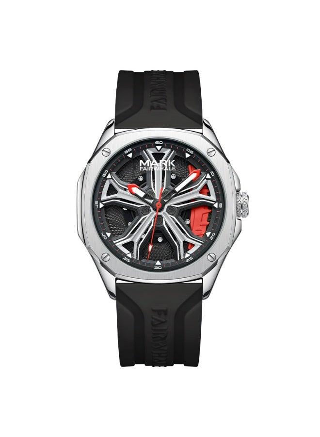 Mark Fairwhale Water-Resistant Luminous Quartz Men's Watch - Black Silicone Strap, Silver Stainless Steel Case, Red Hands - Image 1
