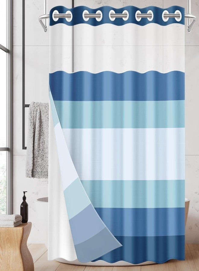 Nesphy No Hook Blue Ombre Shower Curtain with Snap in Fabric Liner Set, Modern Geometric Double Layers Waterproof Fabric with See Through Top Window Open Grommet Bath Curtain 71x74 Inch - Image 1