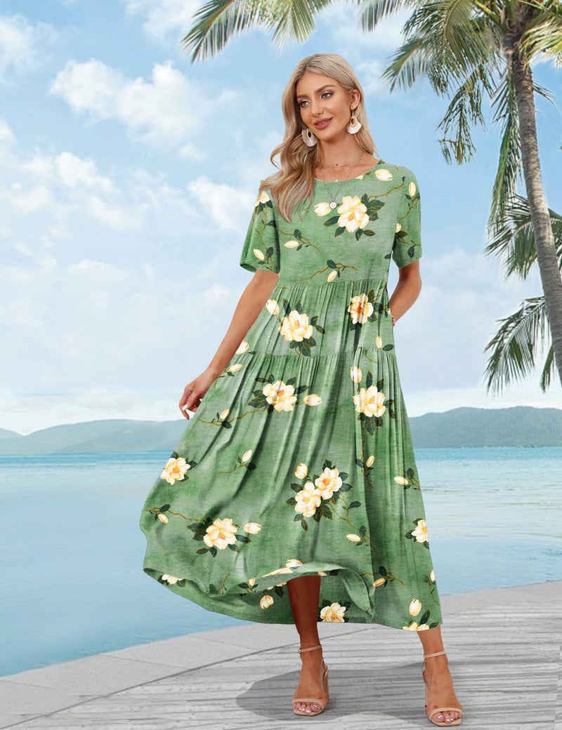 YESNO Women Casual Loose Bohemian Floral Dress with Pockets Short Sleeve Long Maxi Summer Beach Swing Dress (XL EJF CR19) - Image 2
