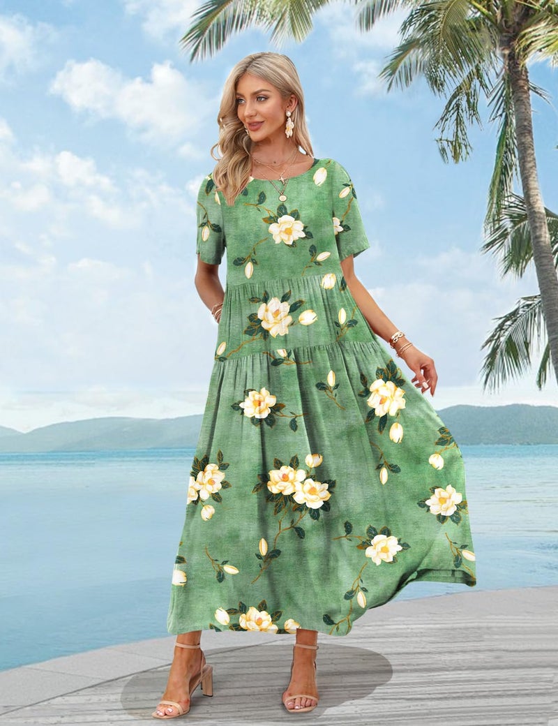 YESNO Women Casual Loose Bohemian Floral Dress with Pockets Short Sleeve Long Maxi Summer Beach Swing Dress (XL EJF CR19) - Image 3