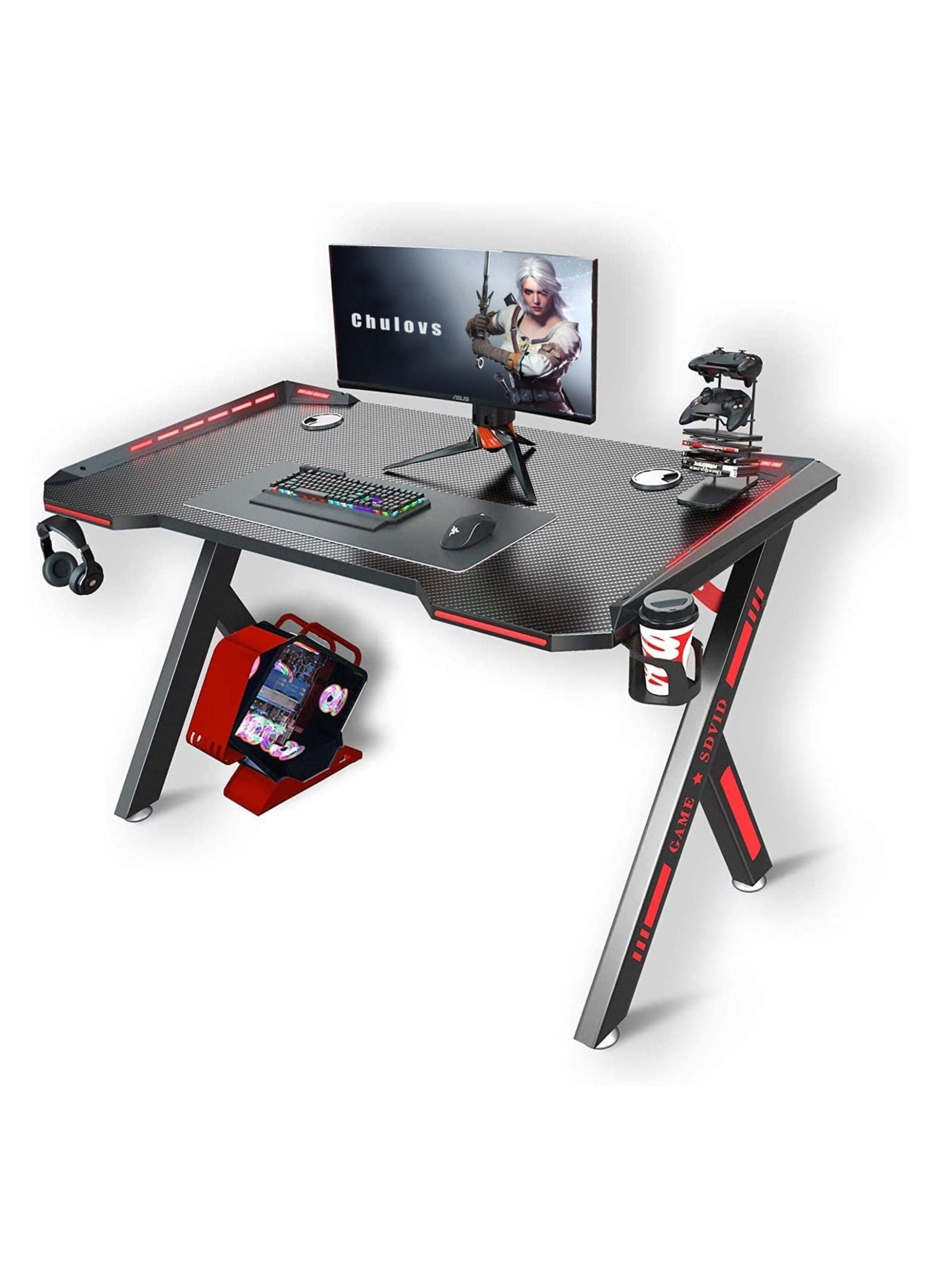 Gaming Desk with LED RGB Lights PC Computer Desk Y Shaped Gamer Home Office Computer Desk Table with Handle Rack Cup Holder & Headphone Hook 120x73x60 cm Black/Red 