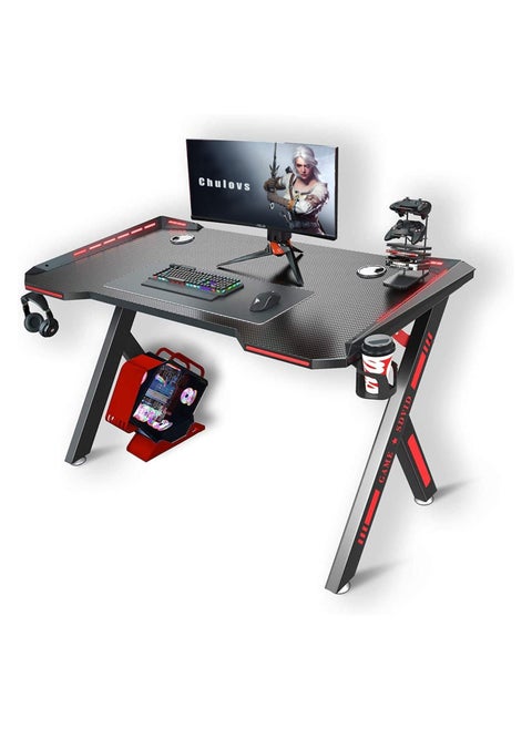 Gaming Desk with LED RGB Lights PC Computer Desk Y Shaped Gamer Home Office Computer Desk Table with Handle Rack Cup Holder & Headphone Hook 120x73x60 cm Black/Red