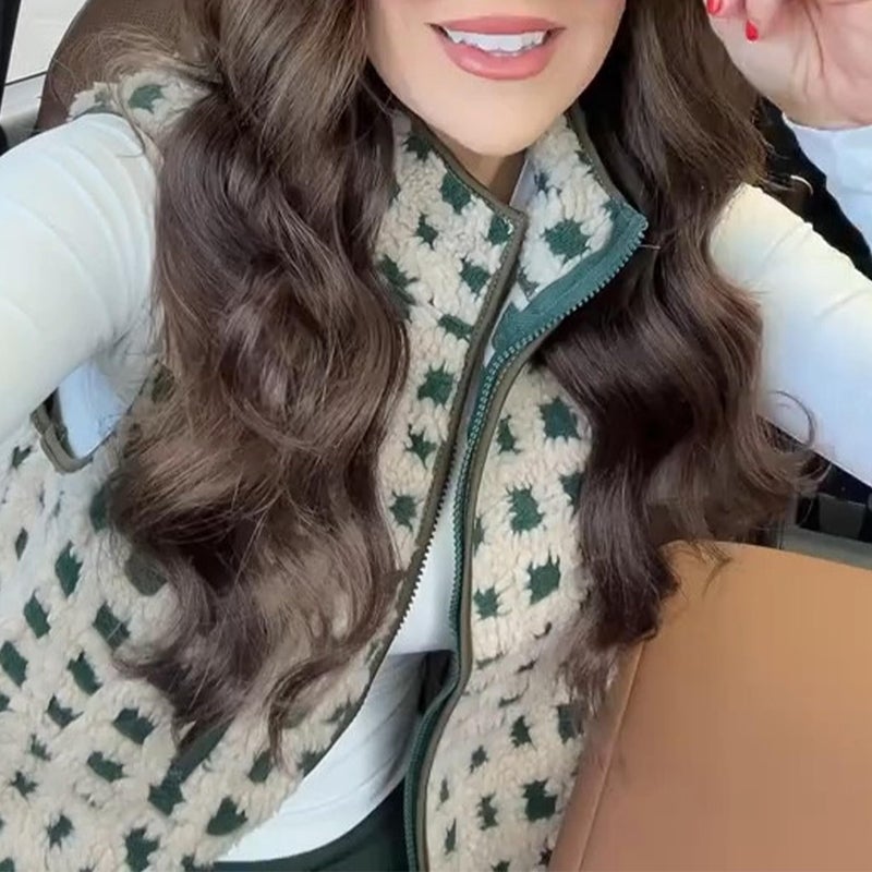 SeeLuNa Womens Checkered Sherpa Vest Sleeveless Winter Fleece Jacket High Neck Zip Up Plaid Gilet with Chest Pocket(Green,S) - Image 5