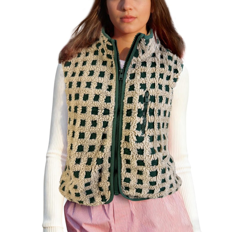 SeeLuNa Womens Checkered Sherpa Vest Sleeveless Winter Fleece Jacket High Neck Zip Up Plaid Gilet with Chest Pocket(Green,S) - Image 1