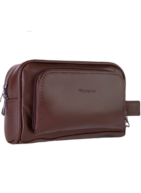 Motevia Men's Handbag, 100% Genuine Leather Handbag with Wrist Handle with Three Pockets