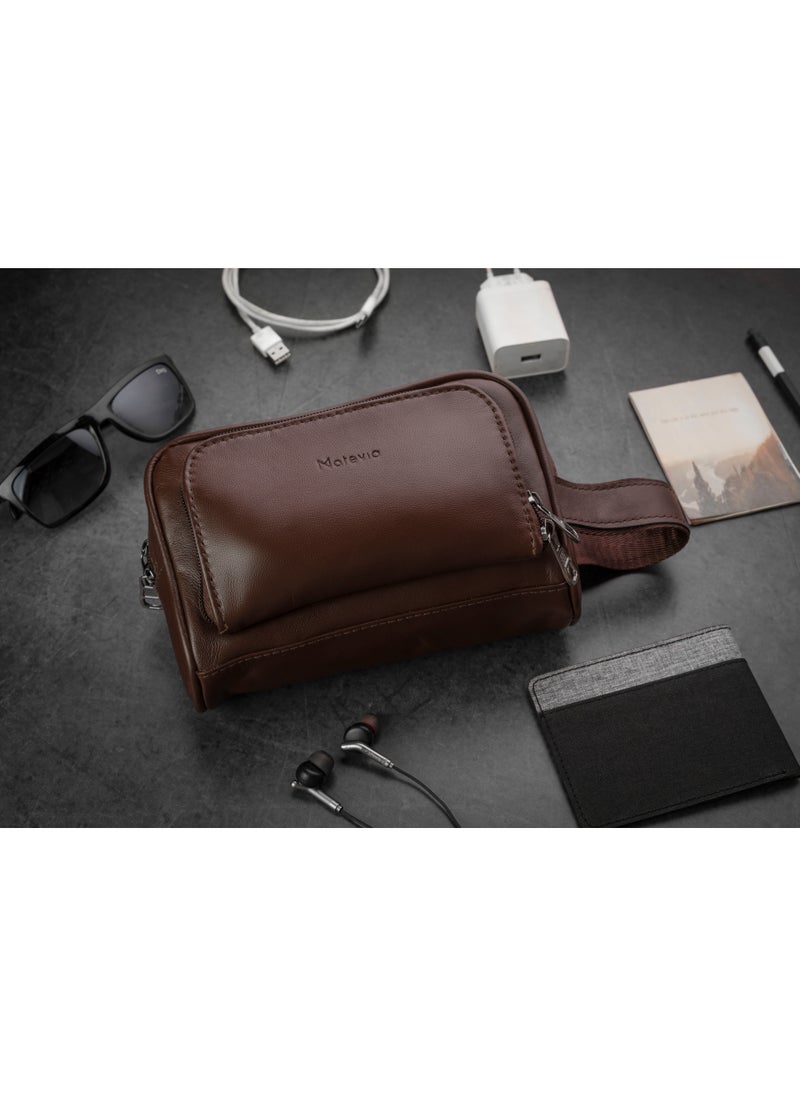Motevia - Motevia Men's Handbag, 100% Genuine Leather Handbag with Wrist Handle with Three Pockets - Image 1