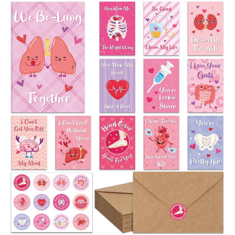 Glenmal 36 Sets Funny Medical Valentine Cards with Envelopes Stickers, 6x8 Inches Healthcare Pun Postcard Thank You Greeting Cards for Nurses, Doctors, Medical Staff, 12 Designs - Image 1
