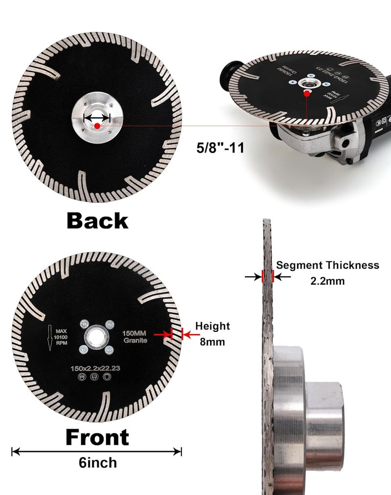 Casaverde 6" Granite Blade，Turbo Diamond Blade with Removable 5/8-11 Thread Cuts for Granite,Marble,Engineered Stone and Ceramic Tiles - Image 3