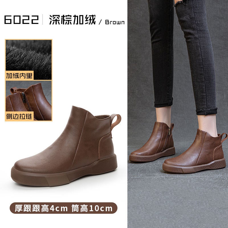 Vintage Genuine Leather Martins British All-Match Thick-Soled Chelsea Boots Thick Warm Thick Heel Ankle Boots - Image 1