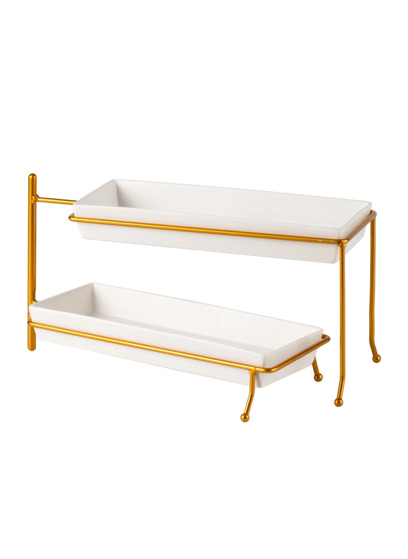Shallow - Shallow Porcelain 2-Tier Rectangular Plate with Gold Stand - Elegant 29cm Serving Display - Image 1
