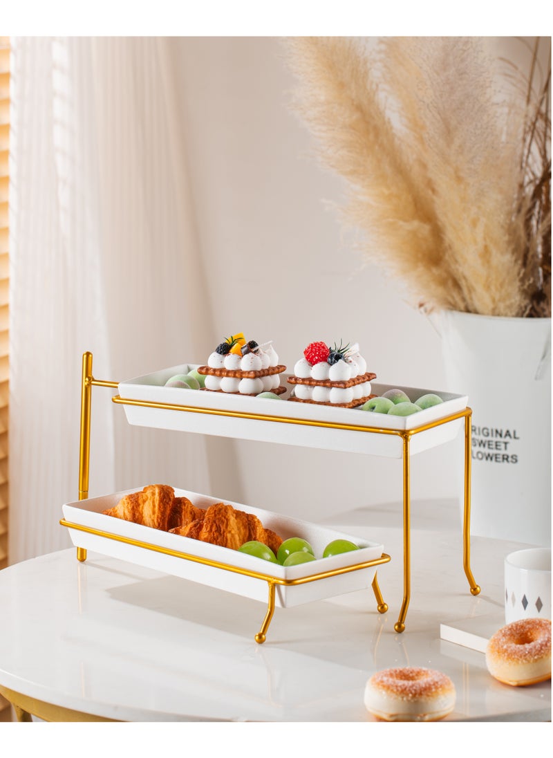Shallow - Shallow Porcelain 2-Tier Rectangular Plate with Gold Stand - Elegant 29cm Serving Display - Image 1