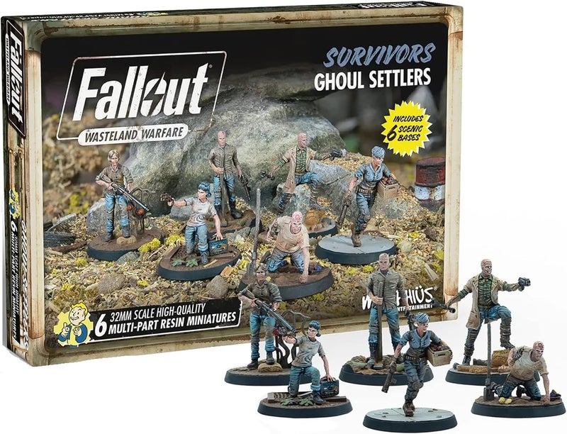 Modiphius Entertainment Fallout Wasteland Warfare: Survivors - Ghoul Settlers (The Slog) - 6 Unpainted Resin Miniatures, includes Scenic Bases, 32MM Scale Figures, Roleplaying Game Minifigures - Image 1