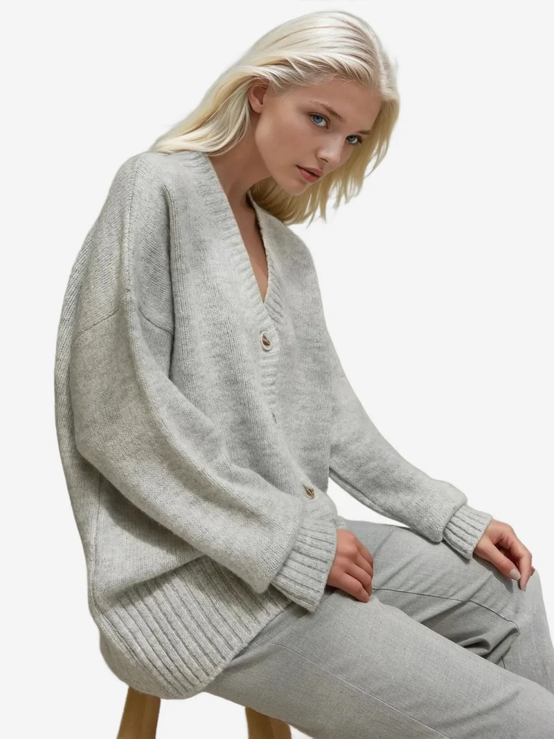 HICCUP Grey Thick V-Neck Knitwear Cardigan for Women | Best Price UAE