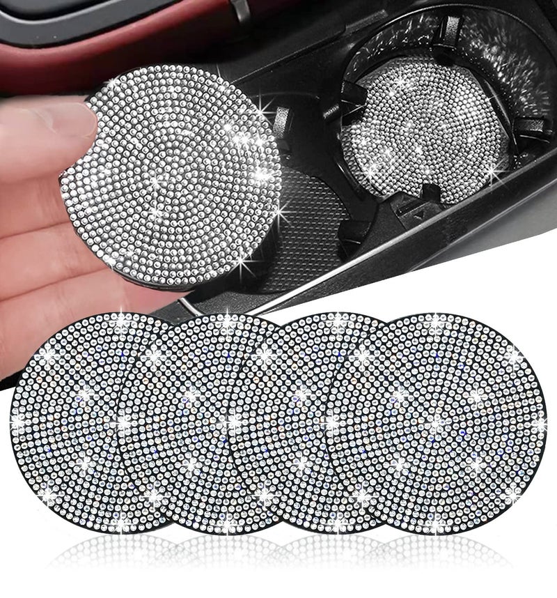 4pcs Bling Car Coaster, Universal Bling Car Interior Accessories for Women, 2.75 inch Silicone Anti-Slip Shockproof Fashion Vehicle Automotive Cup Holder Coasters Insert Crystal Rhinestone (White)