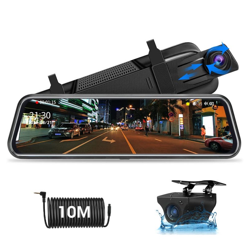 Jansite Jansite 【Upgraded Version】 10" Mirror Dash Cam Full Touch Screen with Loop Recording, Dual Dash Cam Rear and Front 1080P Streaming Media DVR 170° Wide Angle Night Vision with 10 Meters Cable  - Image 1