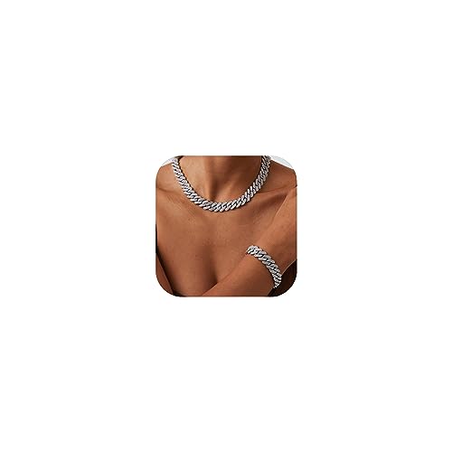 Jacruces Mens Silver Cuban Link Chain for Women Chain Necklace Iced Out Chain Bling Necklace miami Cuban Link Bracelet Hip Hop Jewelry for Men and Women 18 inch - Image 1