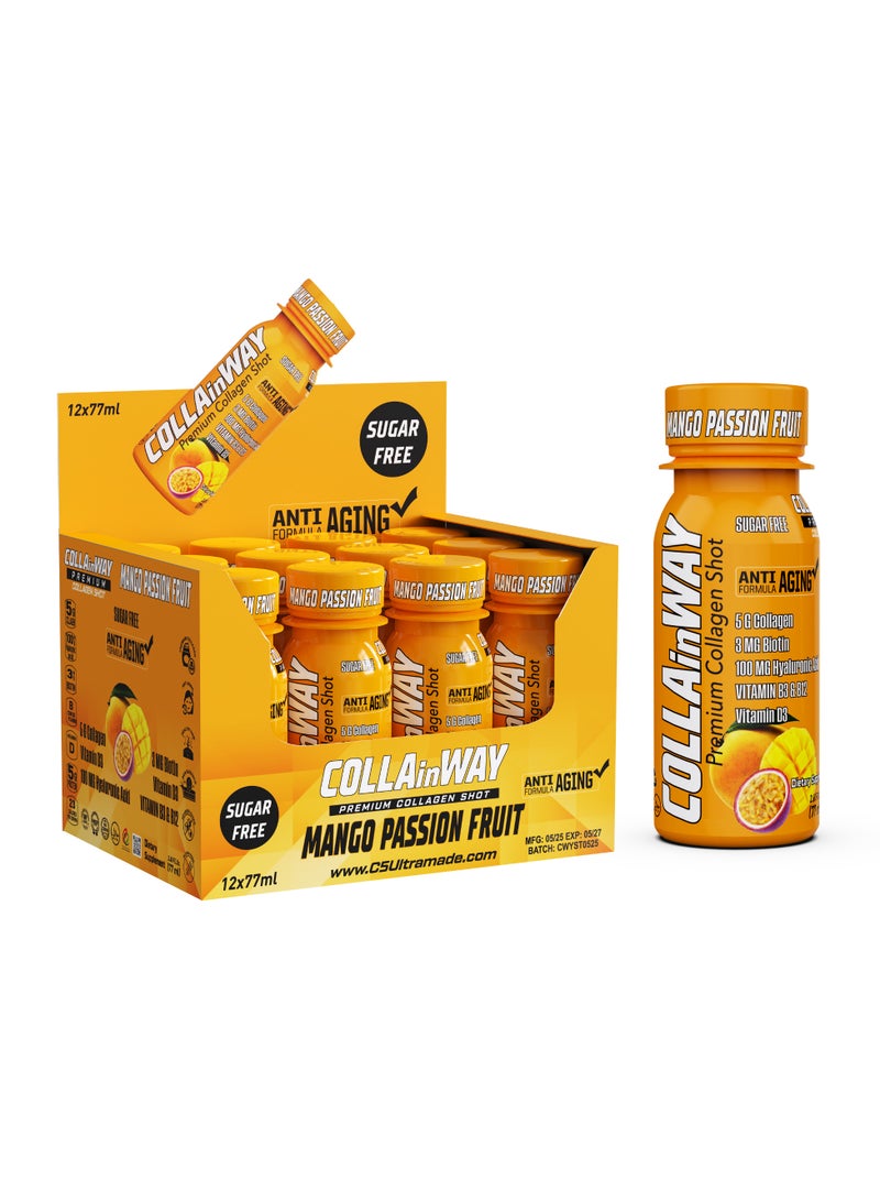 COLLAinWay Premium Collagen Shot Mango Passion Fruit – Sugar Free, Anti-Aging Drink with 6g Collagen, 8mg Biotin, Hyaluronic Acid, Vitamin D3, B6 & B12 – Beauty & Wellness Supplement – 77ml - Pack of 12  - Image 1
