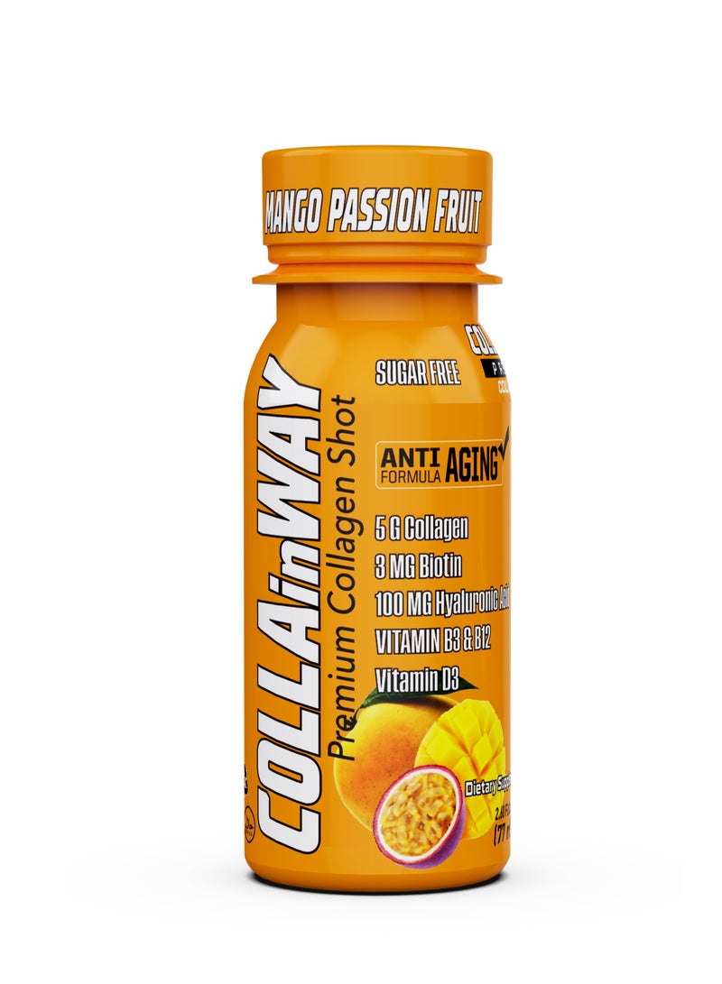 COLLAinWay Premium Collagen Shot Mango Passion Fruit – Sugar Free, Anti-Aging Drink with 6g Collagen, 8mg Biotin, Hyaluronic Acid, Vitamin D3, B6 & B12 – Beauty & Wellness Supplement – 77ml - Pack of 12  - Image 3