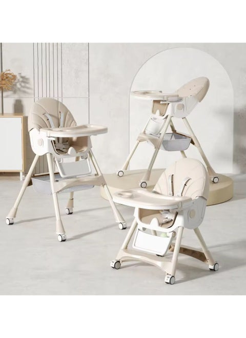 Kidillo 6-Position Foldable High Chair for Newborn Feeding, Removable and Adjustable Double Meal Tray, Reclining Design with Premium Wheels, beige