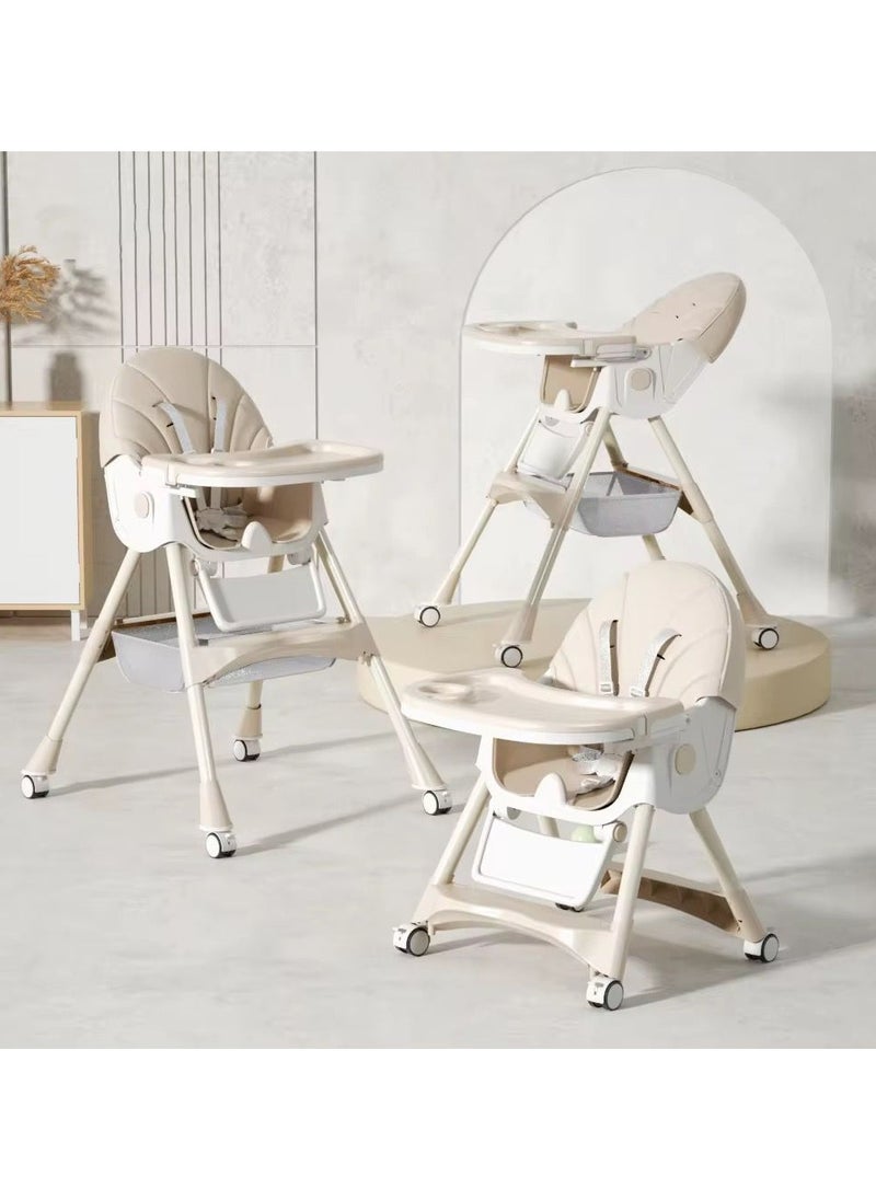 Kidilo Kidillo 6-Position Foldable High Chair for Newborn Feeding, Removable and Adjustable Double Meal Tray, Reclining Design with Premium Wheels, beige  - Image 1