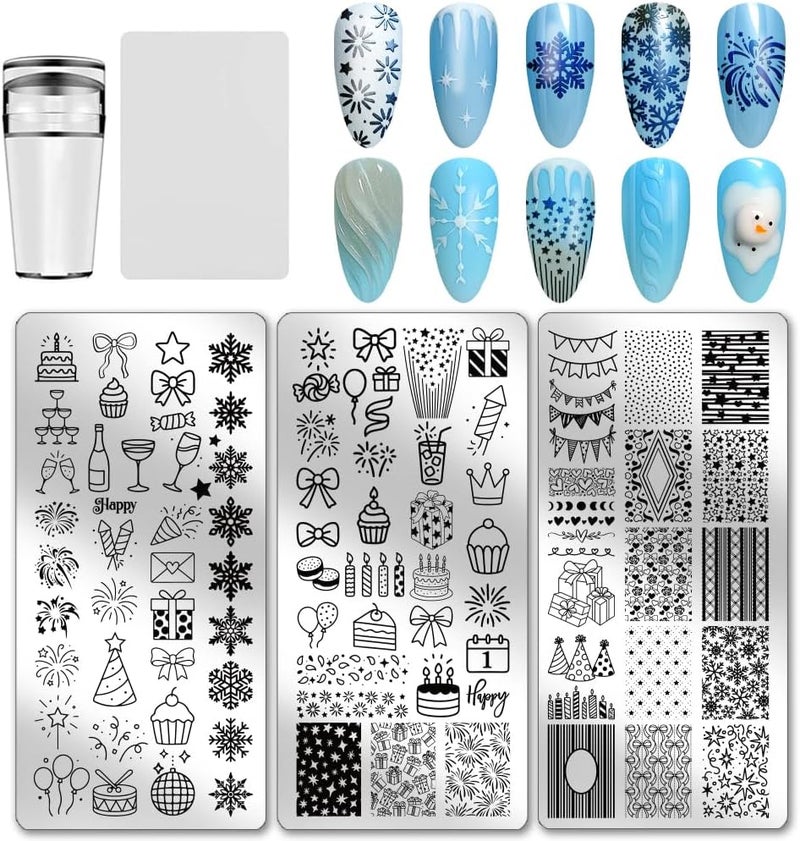 PH PandaHall 3pcs Winter Nail Stamping Plate Christmas Snowflake Nails Image Plates Bow Cheer Nail Art Templates Cake Gift Fireworks Nails Stencils for Birthday Holiday Party Manicure Decor
