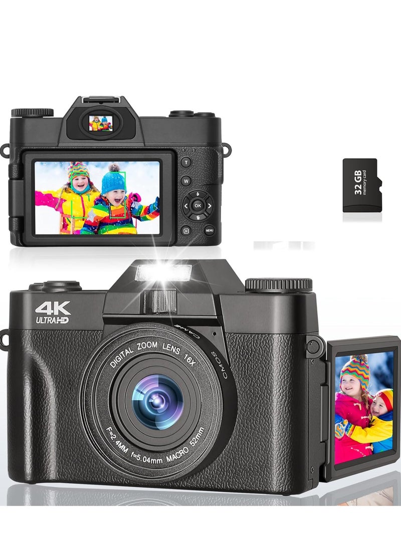 Generic 75MP 4K Digital Camera for Photography Video 3" Flip Screen Ultra HD Auto Focus Camera for YouTube Vlog, 16X Zoom, 32GB Card, Compact Point & Shoot Camera for Boys, Girls, Teens Beginners & Kids  - Image 1