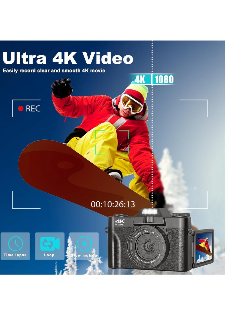 Generic 75MP 4K Digital Camera for Photography Video 3" Flip Screen Ultra HD Auto Focus Camera for YouTube Vlog, 16X Zoom, 32GB Card, Compact Point & Shoot Camera for Boys, Girls, Teens Beginners & Kids  - Image 2