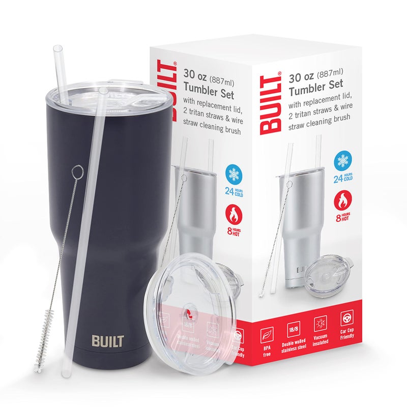 BUILT Double Walled Stainless Steel Tumbler Set with Replacement Lid 2 Reusable Tritan Wire Straw Cleaning Brush in Gift Box 30 Ounce Inkwell