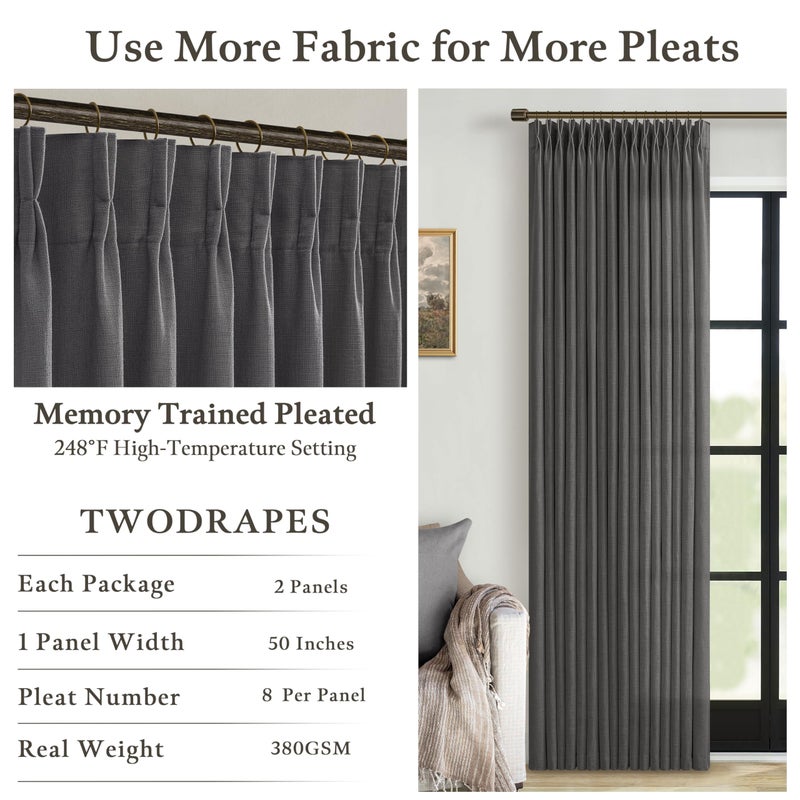 TWODRAPES Pinch Pleated Charcoal Grey Linen Curtains 84 Inches Long 2 Panels Set for Living Room Bedroom Dining Pinch Pleat Back Tab Light Filtering Farmhouse Neutral Dark Gray Window Curtain Drapes W50xL84 - Image 4