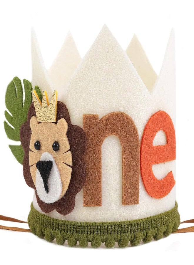 Aeenioy Birthday Hats for Kids, First Birthday Decoration for Baby Boy, Jungle-Themed Party Crown, Baby Crown for Girls 1 Year, Beige Lion Design 9cm Height 0.3cm Thickness - Image 1