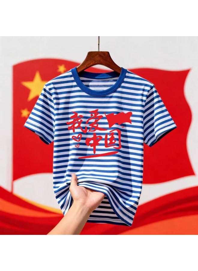 Primary And Middle School Students Red Scarf Activity Class Clothes National Day Family Clothes Pure Cotton Sea Soul Shirt T-shirt Short Sleeve Blue And White Striped Trendy