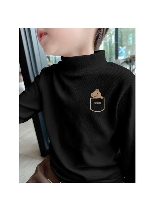 Cartoon Printed Long-sleeved T-shirt For Boys And Girls, Autumn And Winter Baby New Warm Inner Layering Velvet Half Turtleneck Bottoming Shirt