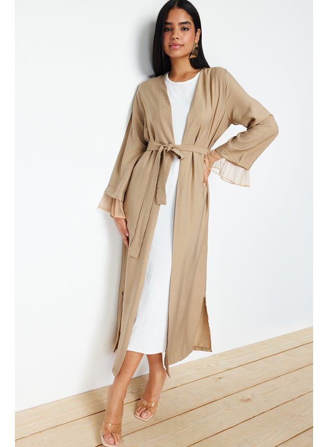 trendyol Mink Belted Tulle Detailed Woven Cap & Abaya TCTSS24KF00010 - Image 1
