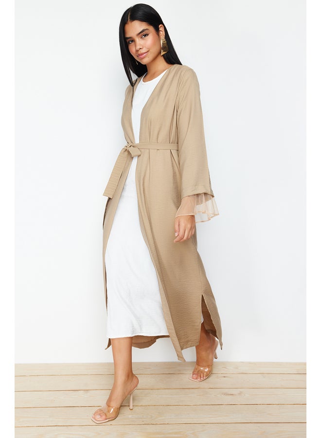 trendyol Mink Belted Tulle Detailed Woven Cap & Abaya TCTSS24KF00010 - Image 2