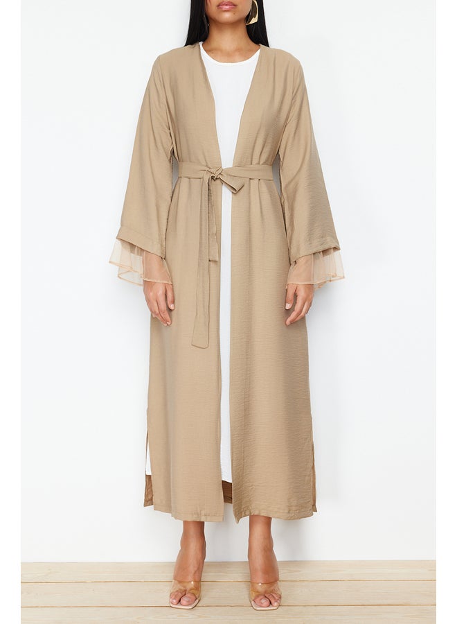 trendyol Mink Belted Tulle Detailed Woven Cap & Abaya TCTSS24KF00010 - Image 3