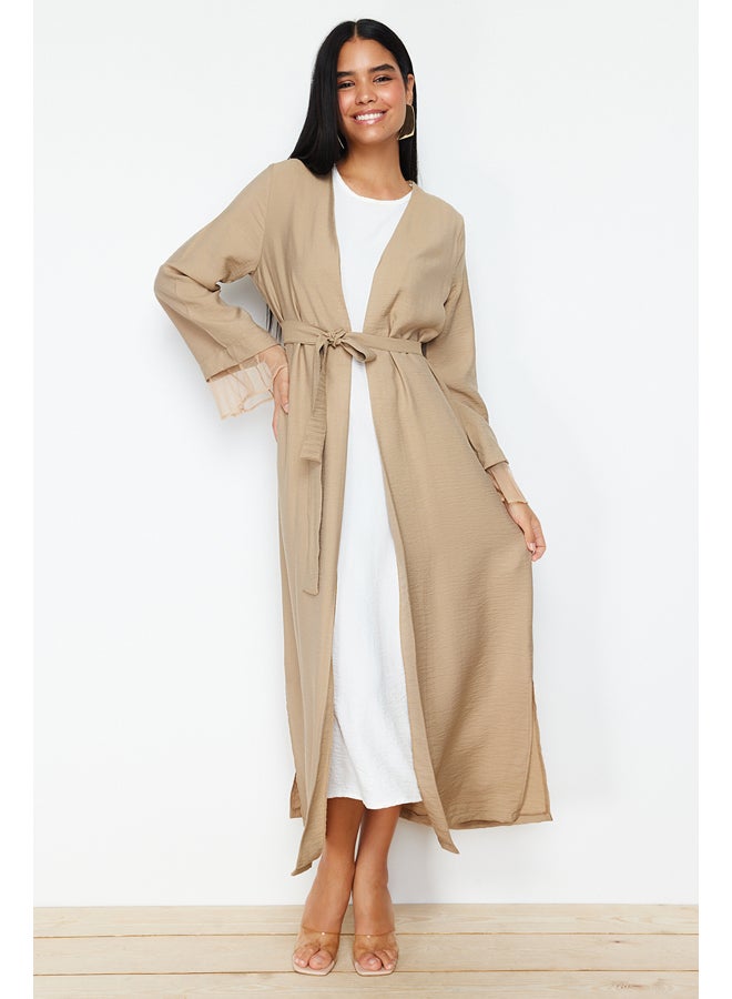 trendyol Mink Belted Tulle Detailed Woven Cap & Abaya TCTSS24KF00010 - Image 4