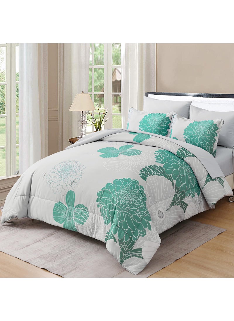 YIRAN Yiran Grey Aqua Floral Queen Comforter Set Bed in a Bag Soft Microfiber Comforter Bedding Set 90""?90"" 7 Pieces (1 Comforter 2 Pillowcases 2 Pillow Shams 1 Flat Sheet 1 Fitted Sheet)  - Image 2