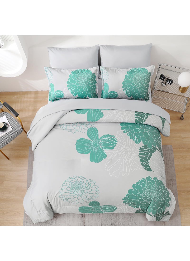 YIRAN Yiran Grey Aqua Floral Queen Comforter Set Bed in a Bag Soft Microfiber Comforter Bedding Set 90""?90"" 7 Pieces (1 Comforter 2 Pillowcases 2 Pillow Shams 1 Flat Sheet 1 Fitted Sheet)  - Image 3