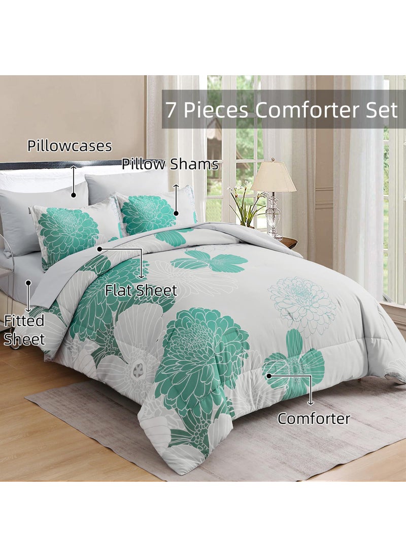 YIRAN Yiran Grey Aqua Floral Queen Comforter Set Bed in a Bag Soft Microfiber Comforter Bedding Set 90""?90"" 7 Pieces (1 Comforter 2 Pillowcases 2 Pillow Shams 1 Flat Sheet 1 Fitted Sheet)  - Image 4