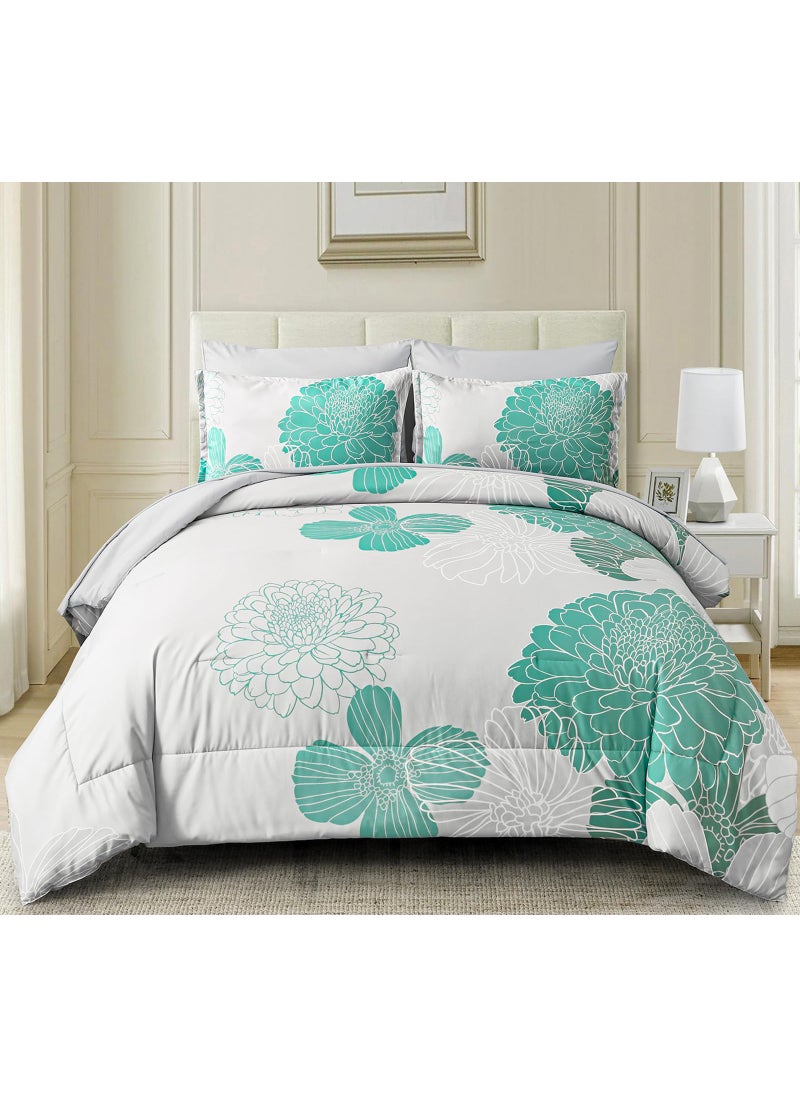 YIRAN Yiran Grey Aqua Floral Queen Comforter Set Bed in a Bag Soft Microfiber Comforter Bedding Set 90""?90"" 7 Pieces (1 Comforter 2 Pillowcases 2 Pillow Shams 1 Flat Sheet 1 Fitted Sheet)  - Image 1