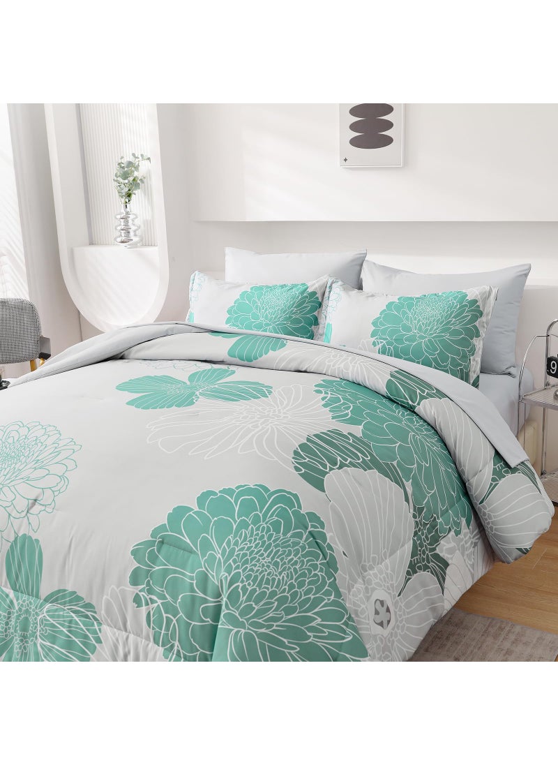 YIRAN Yiran Grey Aqua Floral Queen Comforter Set Bed in a Bag Soft Microfiber Comforter Bedding Set 90""?90"" 7 Pieces (1 Comforter 2 Pillowcases 2 Pillow Shams 1 Flat Sheet 1 Fitted Sheet)  - Image 5