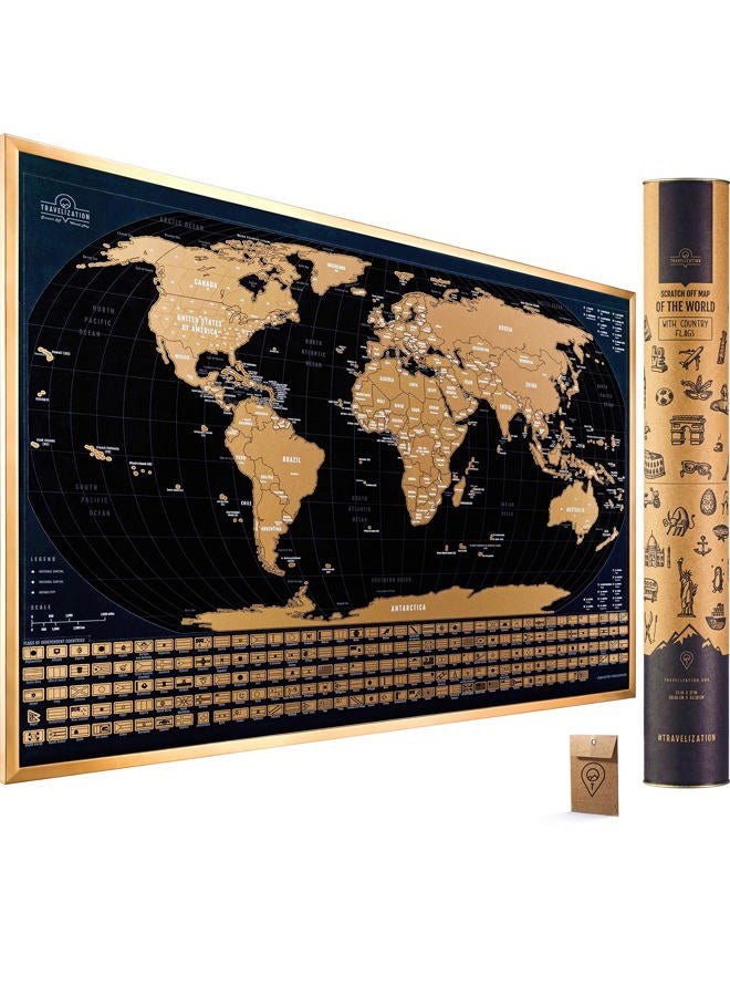 Travelization Scratch Off Map of The World with Flags - 24 x 17 Easy to Frame Scratch Off World Map Wall Art Poster with US States & Flags - Deluxe World Map Scratch Off Travel Map Designed for Travelers - Image 1